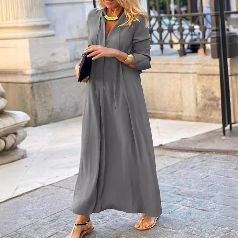 Robe Maxi Élégante à Col en V avec Cordon de Serrage | Tenue Modeste Contemporaine (MS121)