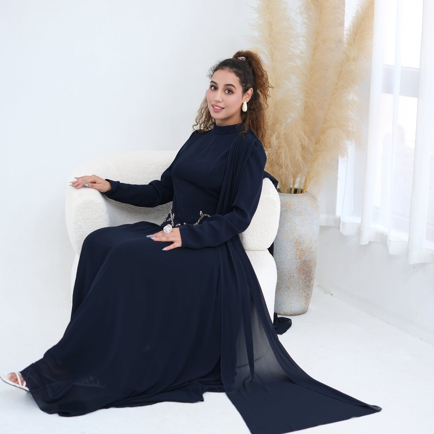 Robe Maxi Cape Sleeve à Taille Perlée(MS499)