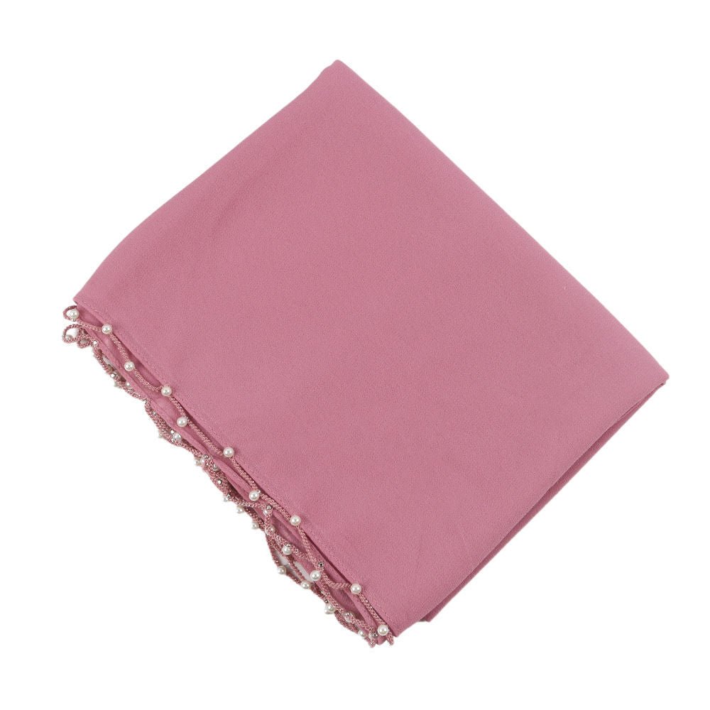 Hijab en Chiffon Uni avec Bordure Perlée Délicate, Vague Ornée de Perles (MH139)