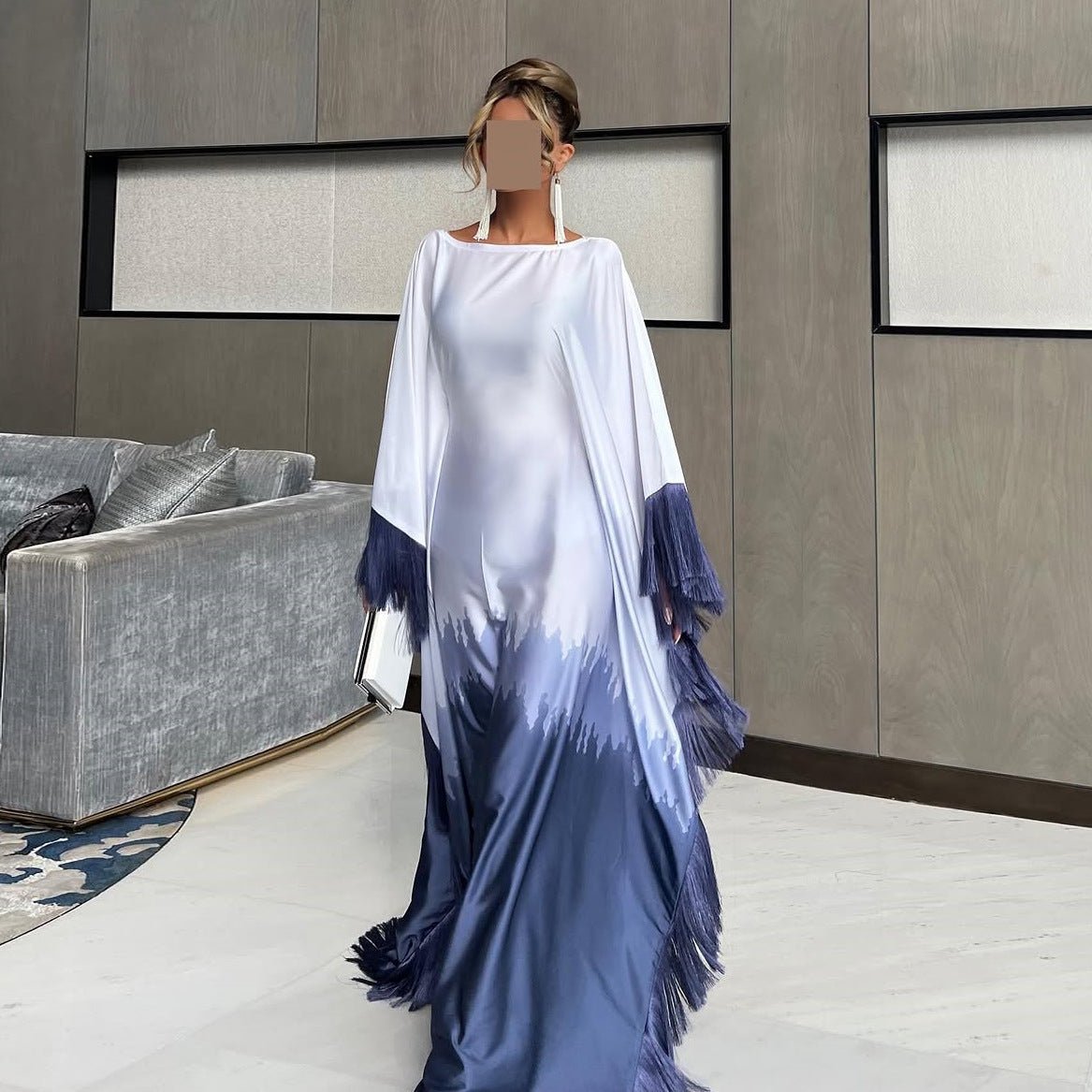 Abaya Ombre Élégante | Robe Abaya à Imprimé Dégradé et Franges (MA179)