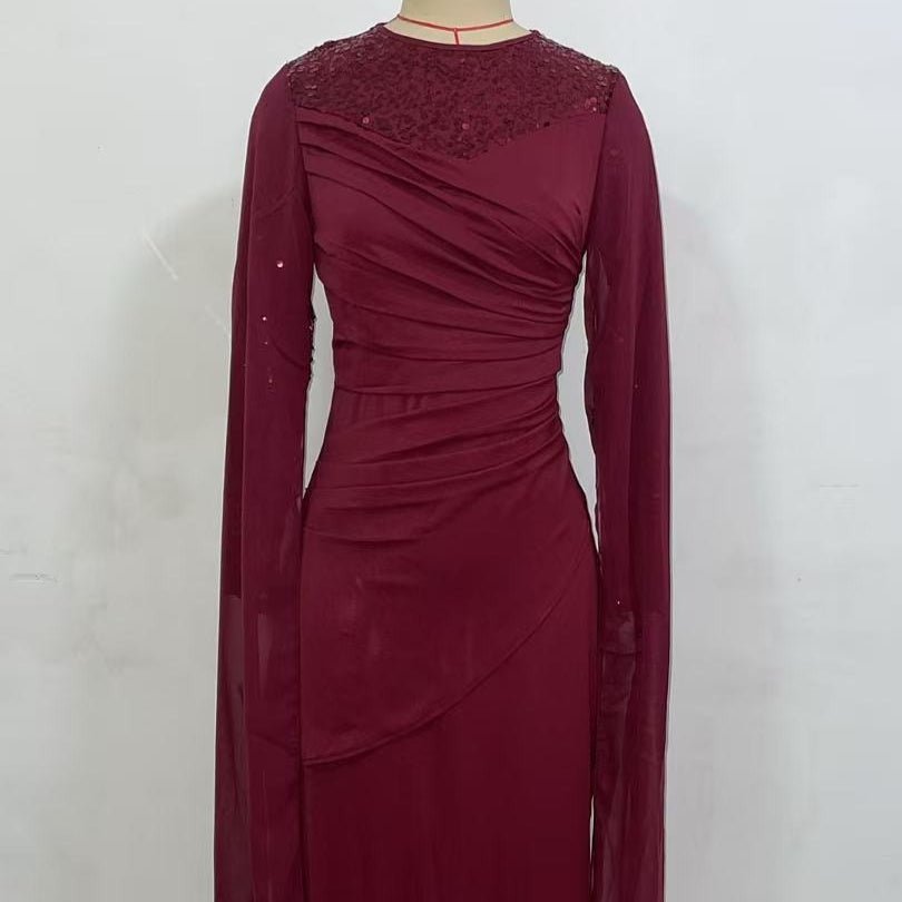 Robe Formelle Ornée de Sequins | Robe Moulante à Manches Longues et Effet Drapé (MS272)