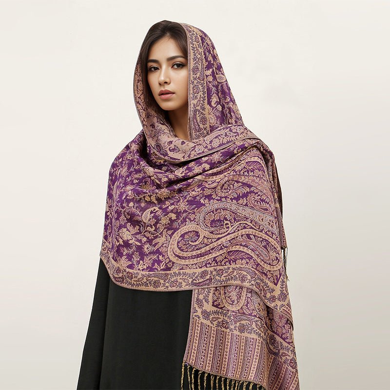 Hijab Vintage Shawl à Motif Fleur de Cajou avec Pompons (MH101)