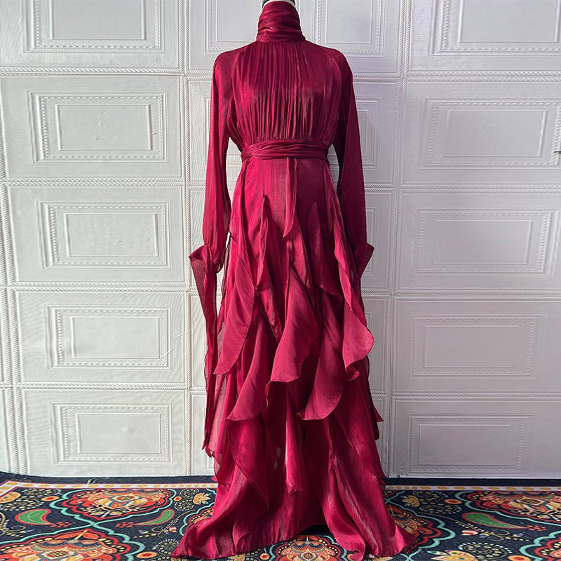 Robe Longue à Volants Cascadants | Robe Maxi à Col Montant et Ceinture Nouée (MS231)