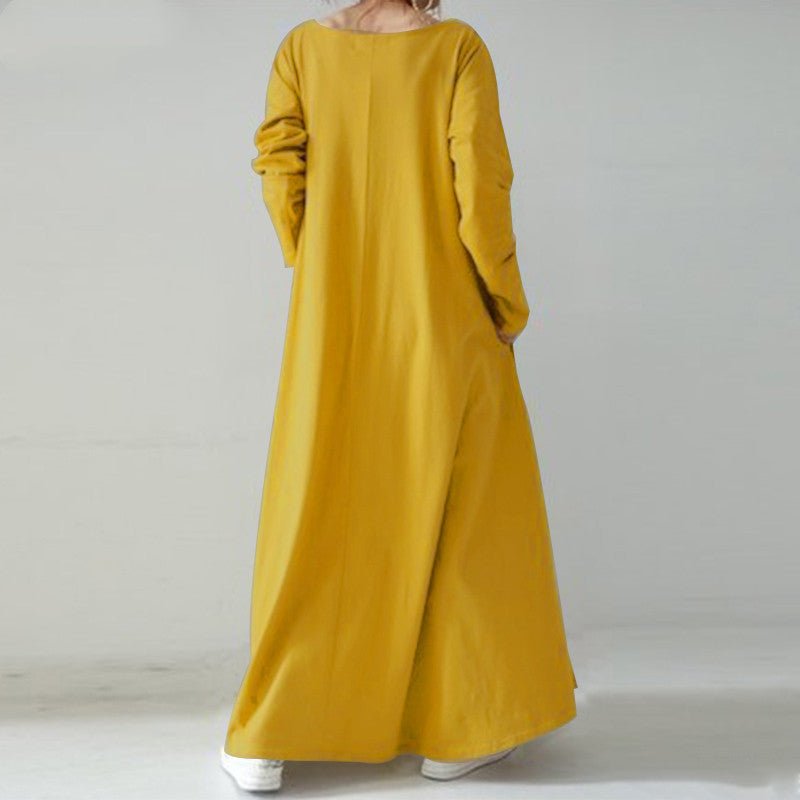 Robe Maxi Élégante à Col en V et Manches Longues | Robe Ample avec Poches Cachées(MA314)