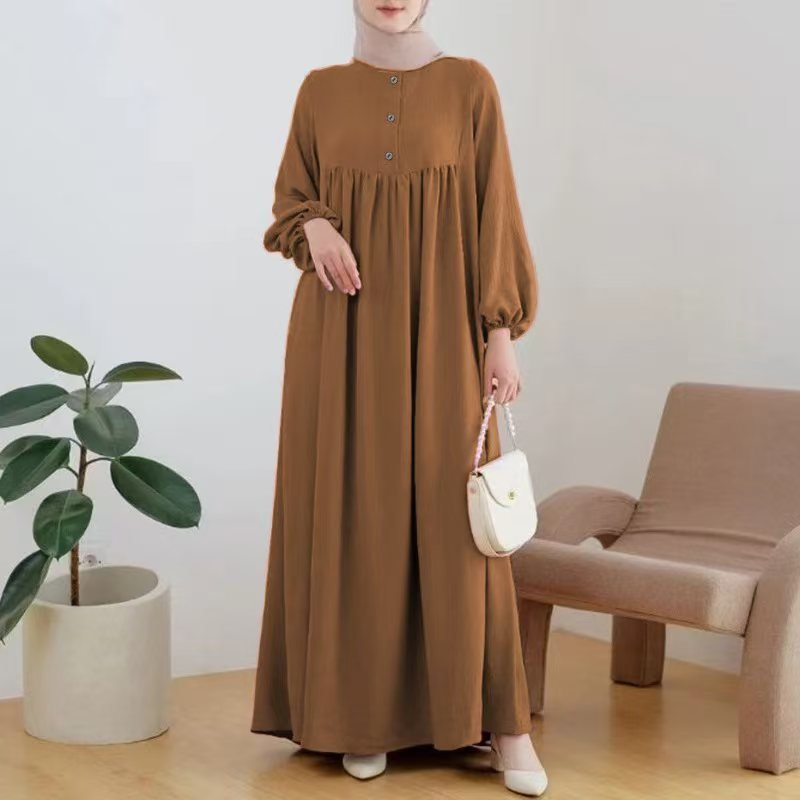 Robe Abaya Maxi Longue Unie à Manches Bouffantes et Boutons, Casual et Élégante (MA157)