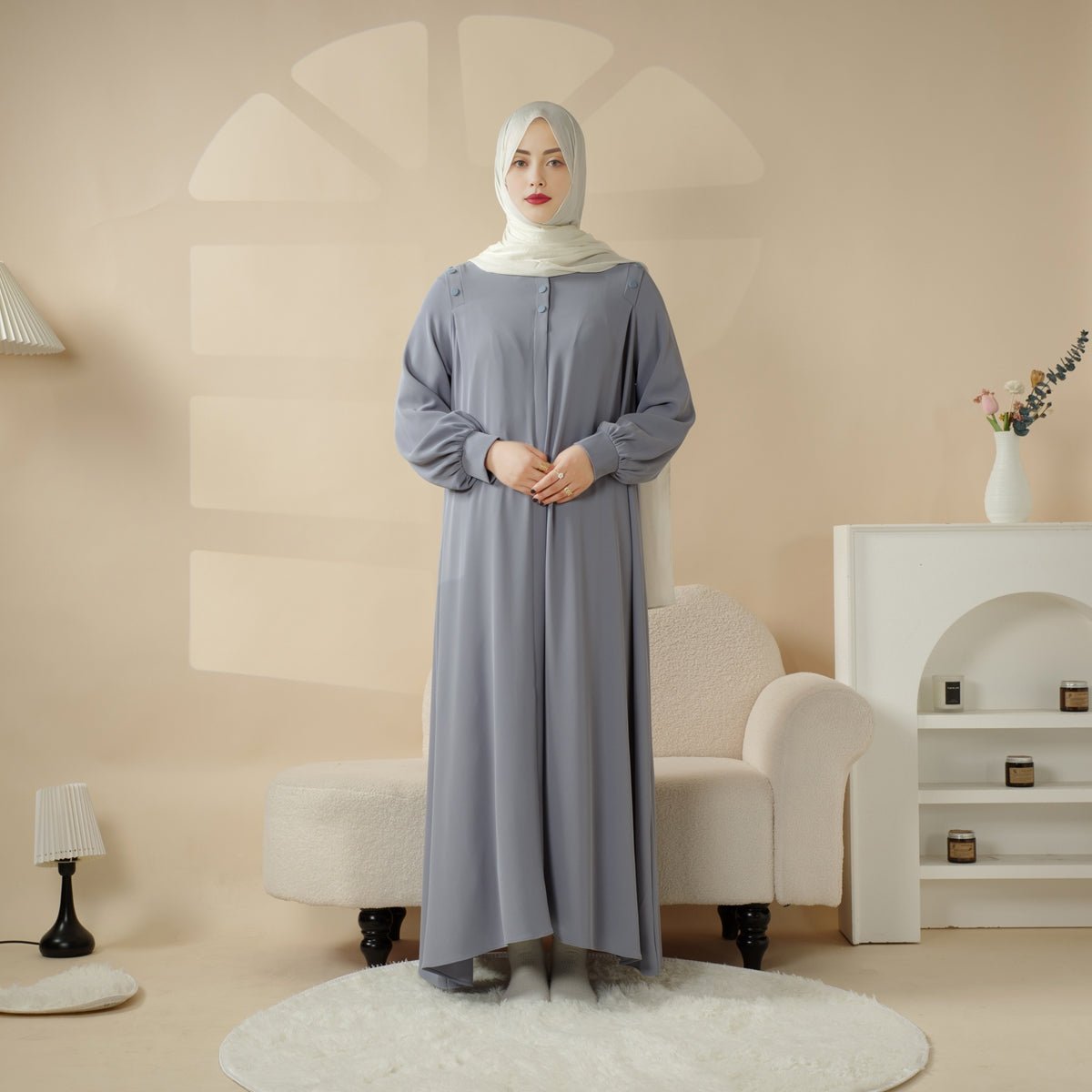 Abaya pull avec bouton à l'épaule coloris macaron (MA083)