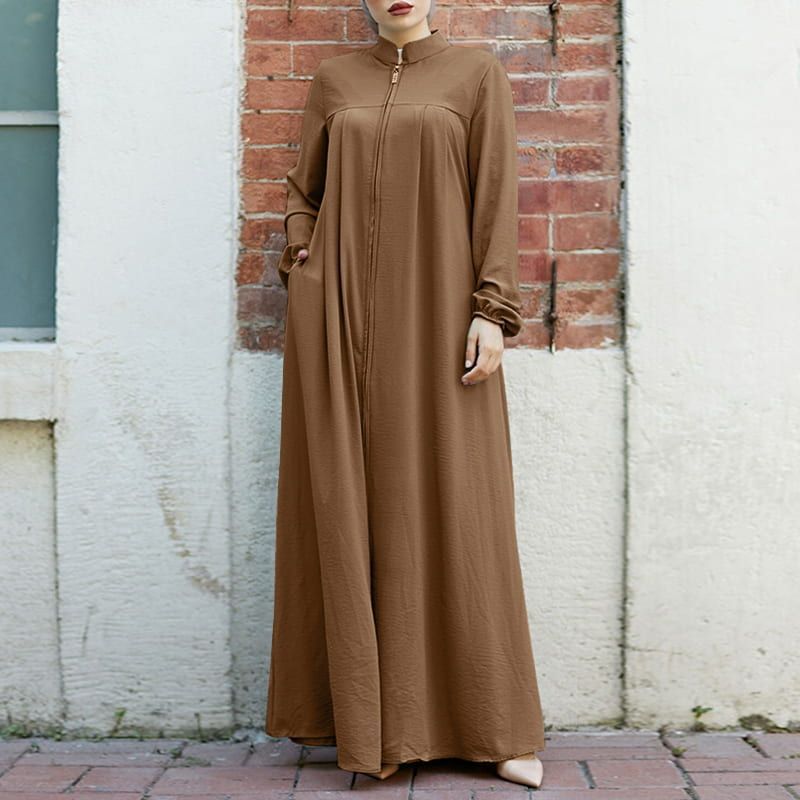Cardigan long à col montant et fermeture éclair, avec poches | Abaya robe longue maxi modeste (MA155)