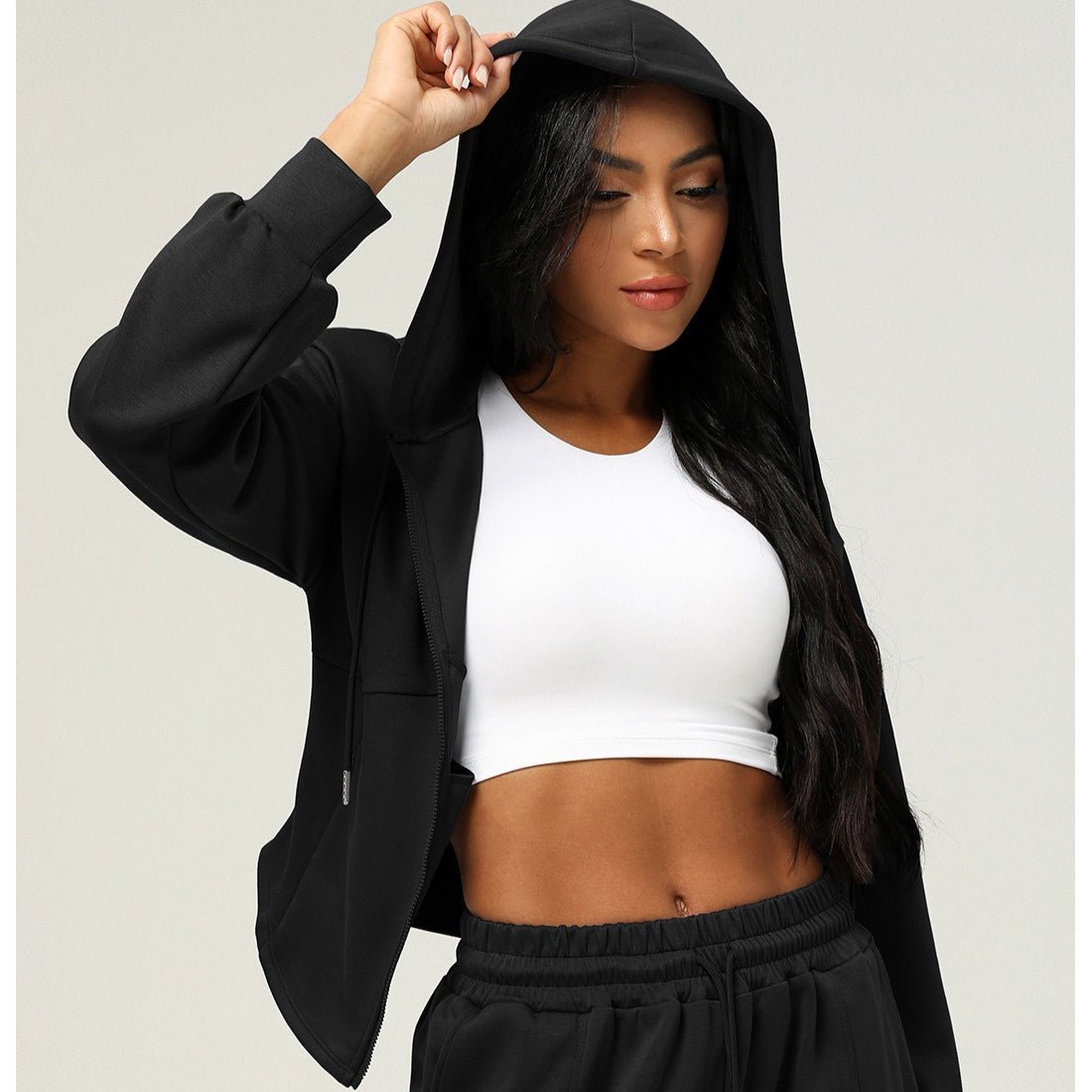 Veste à Capuche Zippée Athlétique | Haut de Yoga Cintré à la Taille avec Poches (MS169)