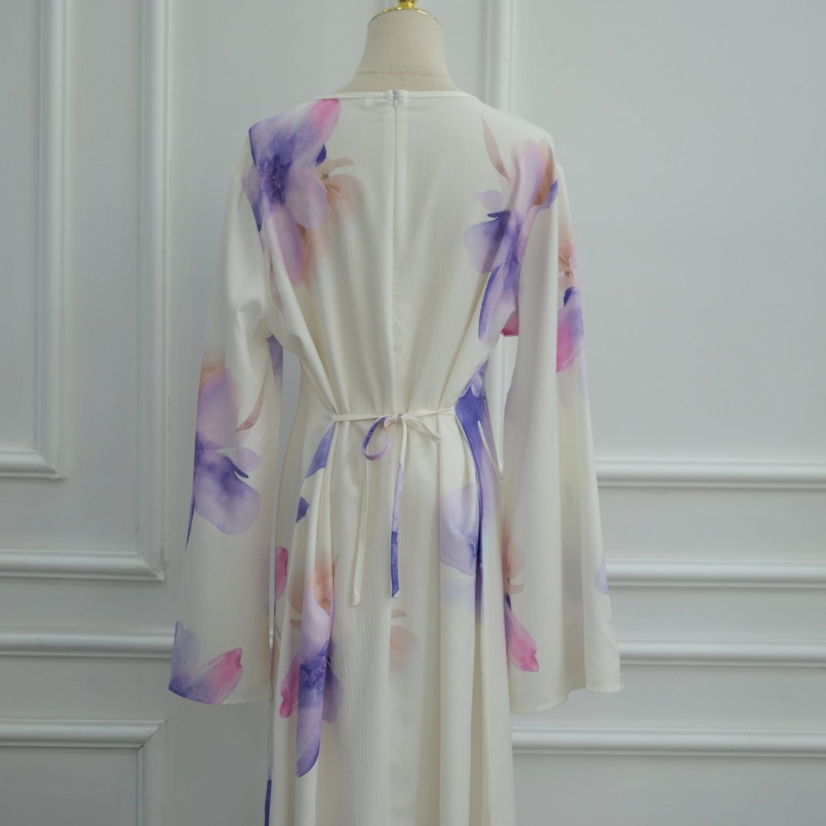 Robe Maxi à Manches Larges en Crinkle Délavé Floral Aquarelle (MS473)