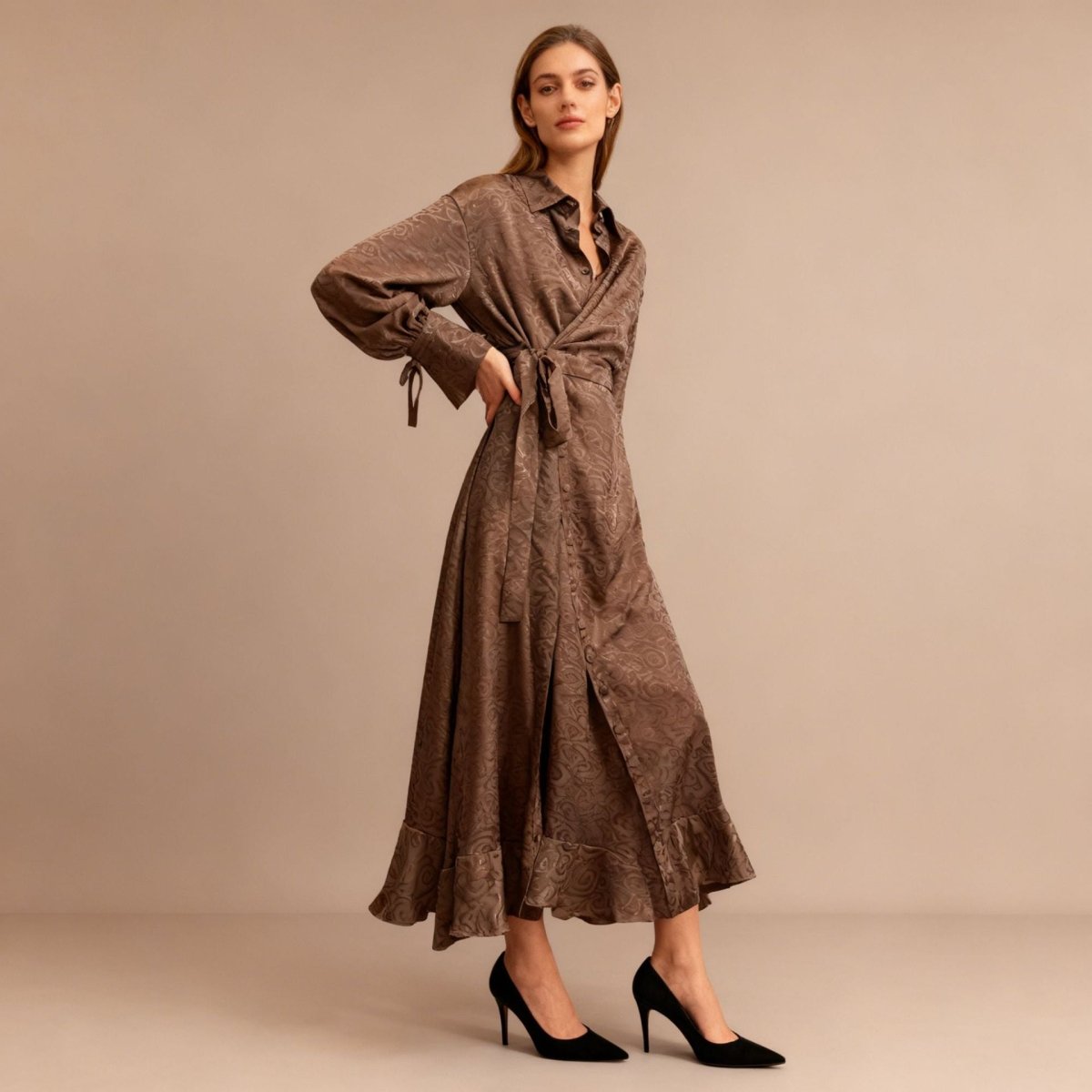 Robe Portefeuille en Jacquard Floral | Robe Maxi à Col et Manches Nouées (MS257)