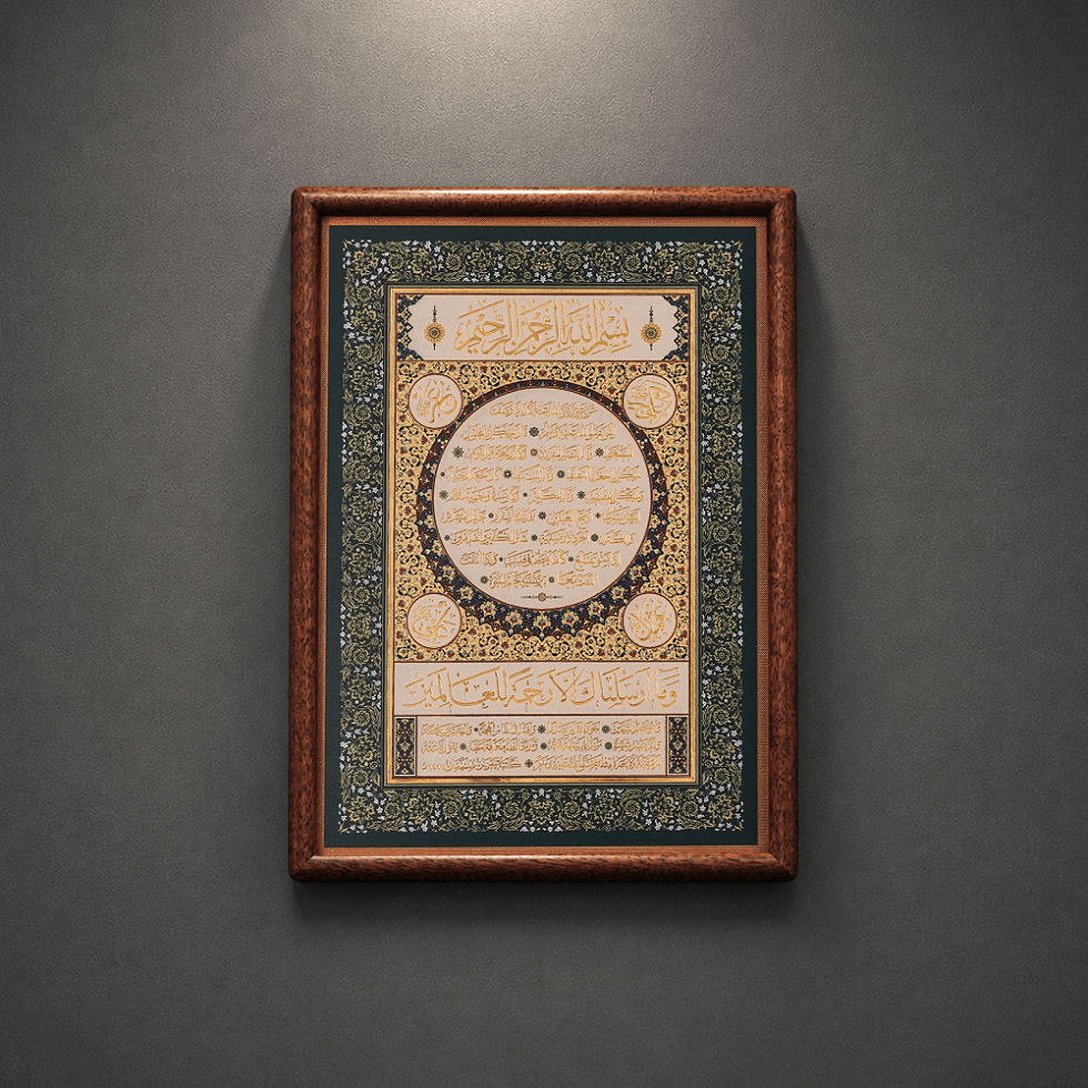 Art Mural Calligraphie Islamique Artisanale Format A4 | Cadre Bois Relief Cuivre (MAC452)