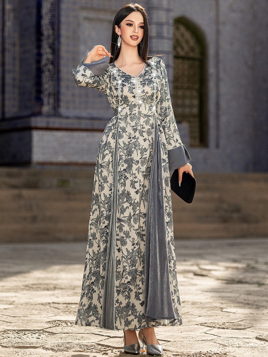 Robe Maxi élégante à col en V, en satin, avec fleurs brodées à la main de perles et de cristaux, manches longues, avec Abaya grise (MA192)