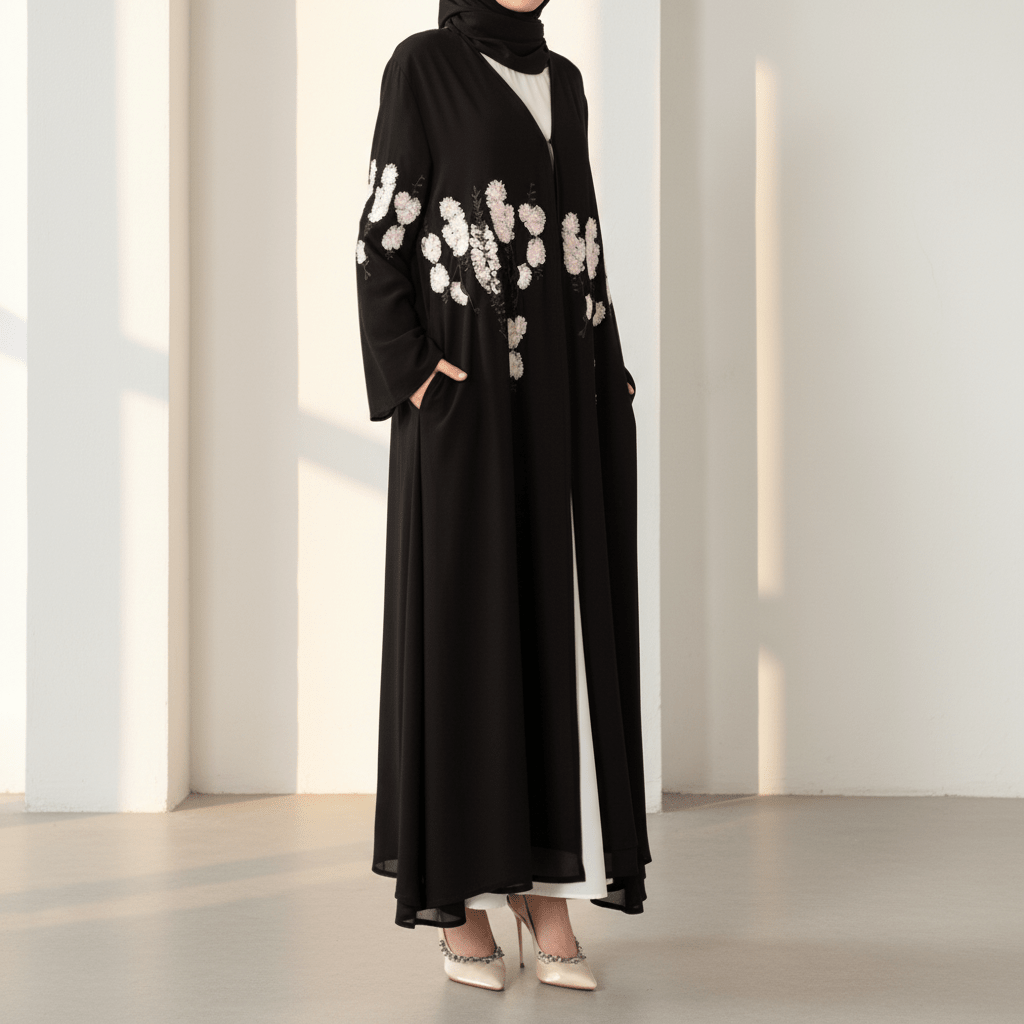 Abaya ouverte en mousseline double épaisseur, brodée de motifs floraux de luxe (MOA308)