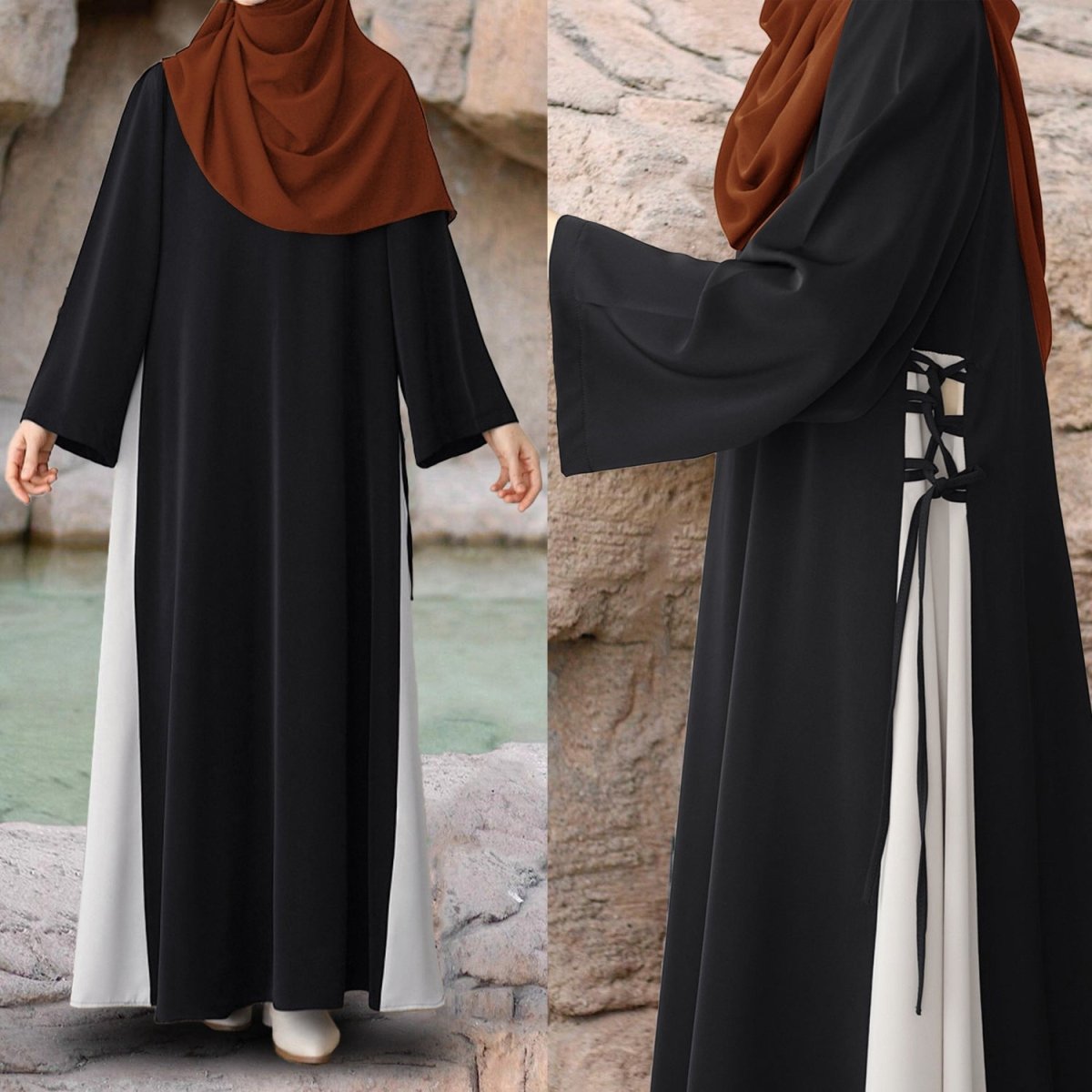 Abaya bicolore avec nœud sur le côté | Abaya maxi bicolore à col rond (MA362)