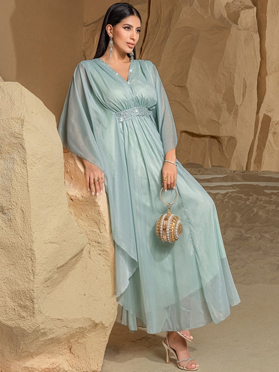 Élégante Abaya Robe pour Voyage et Soirée, Col en V, Perles Brodées à la Main, Finition Luxueuse (MA188)