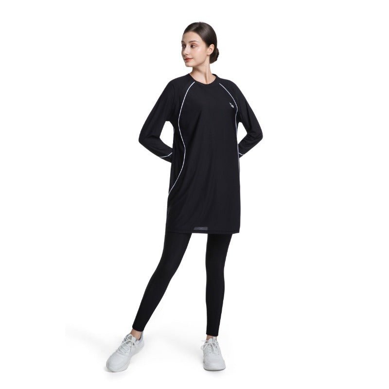 Haut de sport modeste à manches longues pour femme, séchage rapide | Tunique athlétique en polyester pour yoga, lignes épurées (MS114)