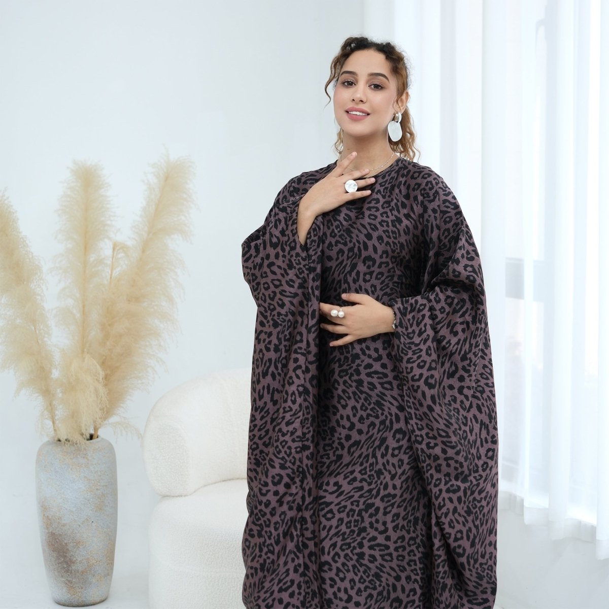 Robe Maxi Imprimé Léopard à Manches Chauve-Souris (MA450)