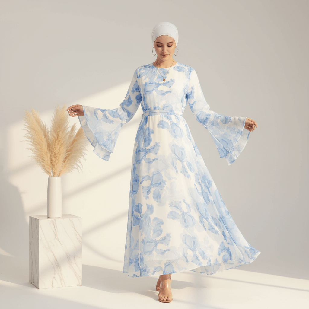 Abaya en mousseline imprimée Blossom | Abaya à manches évasées (MA149)