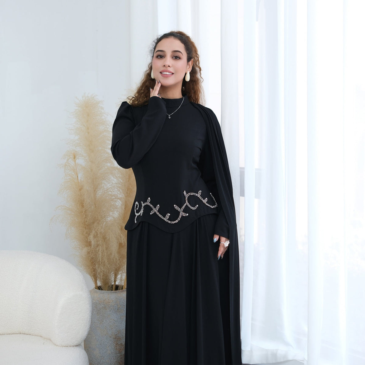 Robe Maxi Cape Sleeve à Taille Perlée(MS499)
