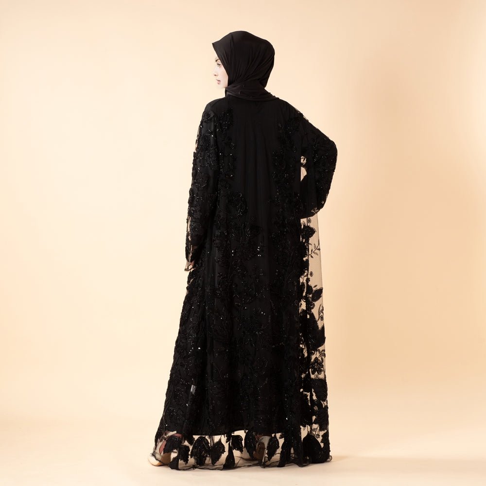 Abaya ouverte de luxe couture ornée de fleurs 3D (MOA300)