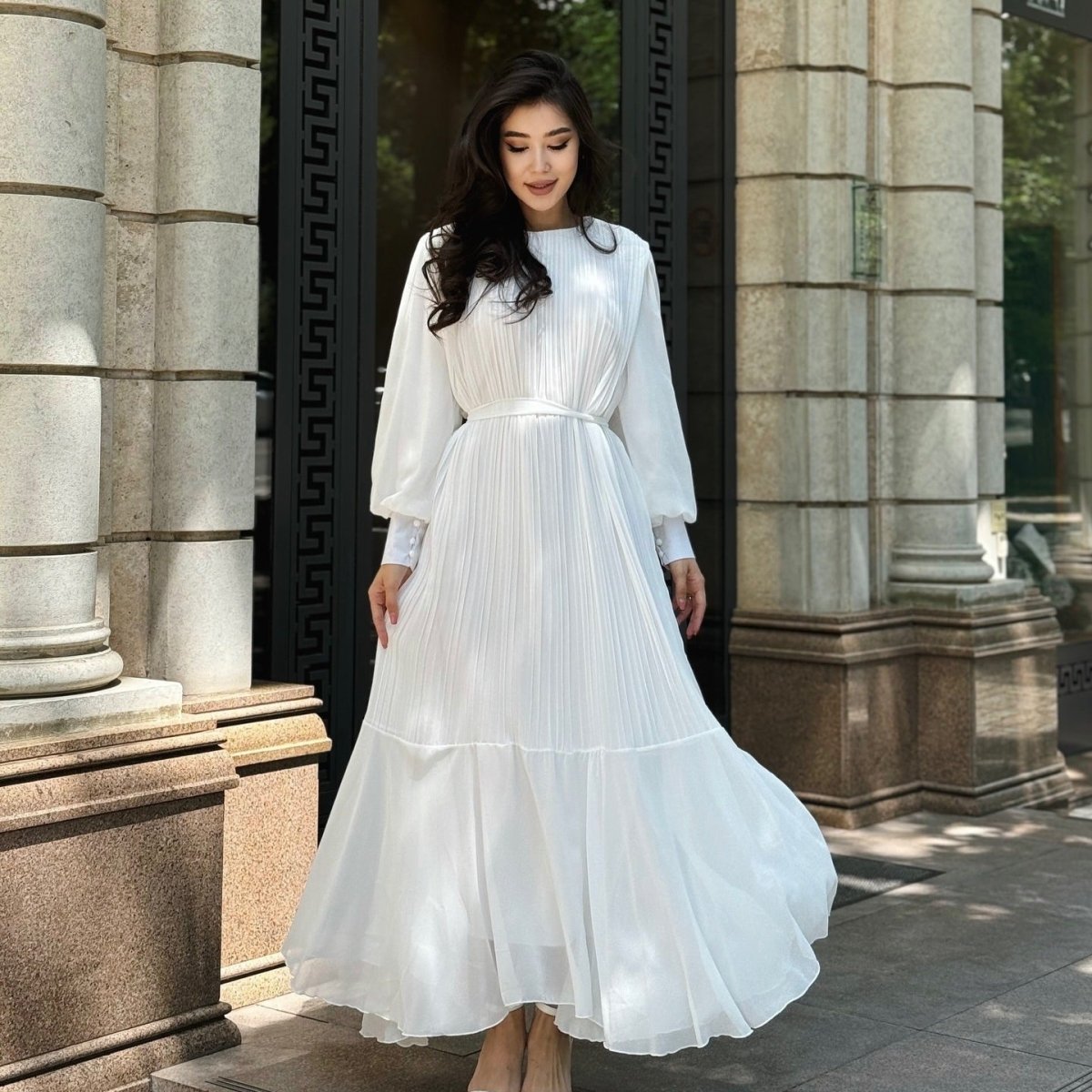 Robe Maxi Plissée à Volants (MS466)
