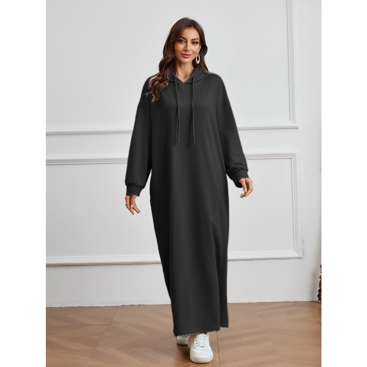 Robe Décontractée à Capuche avec Poche, Couleur Unie - Robe d'Intérieur Pudique à Manches Longues avec Capuche à Cordon (MA282)