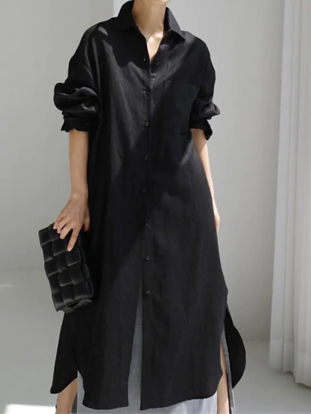 Robe-chemise décontractée et élégante en lin mélangé pour musulmanes | Maxi robe modeste boutonnée devant avec fentes latérales (MS096)