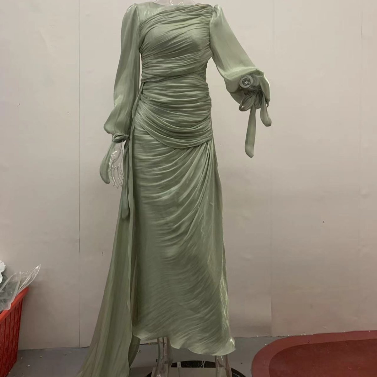 Robe de Soirée Froncée | Robe Maxi Moulante à Manches Bouffantes (MS280)