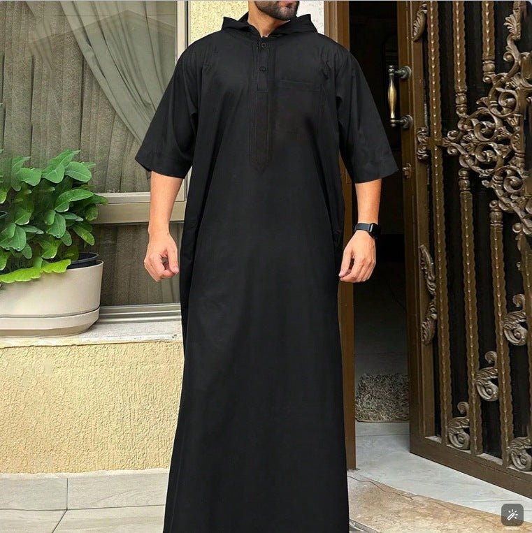 Thobe imprimé numérique 3D à rayures, respirant, coupe ample pour homme, manches courtes, robe musulmane avec col en V (MT033)