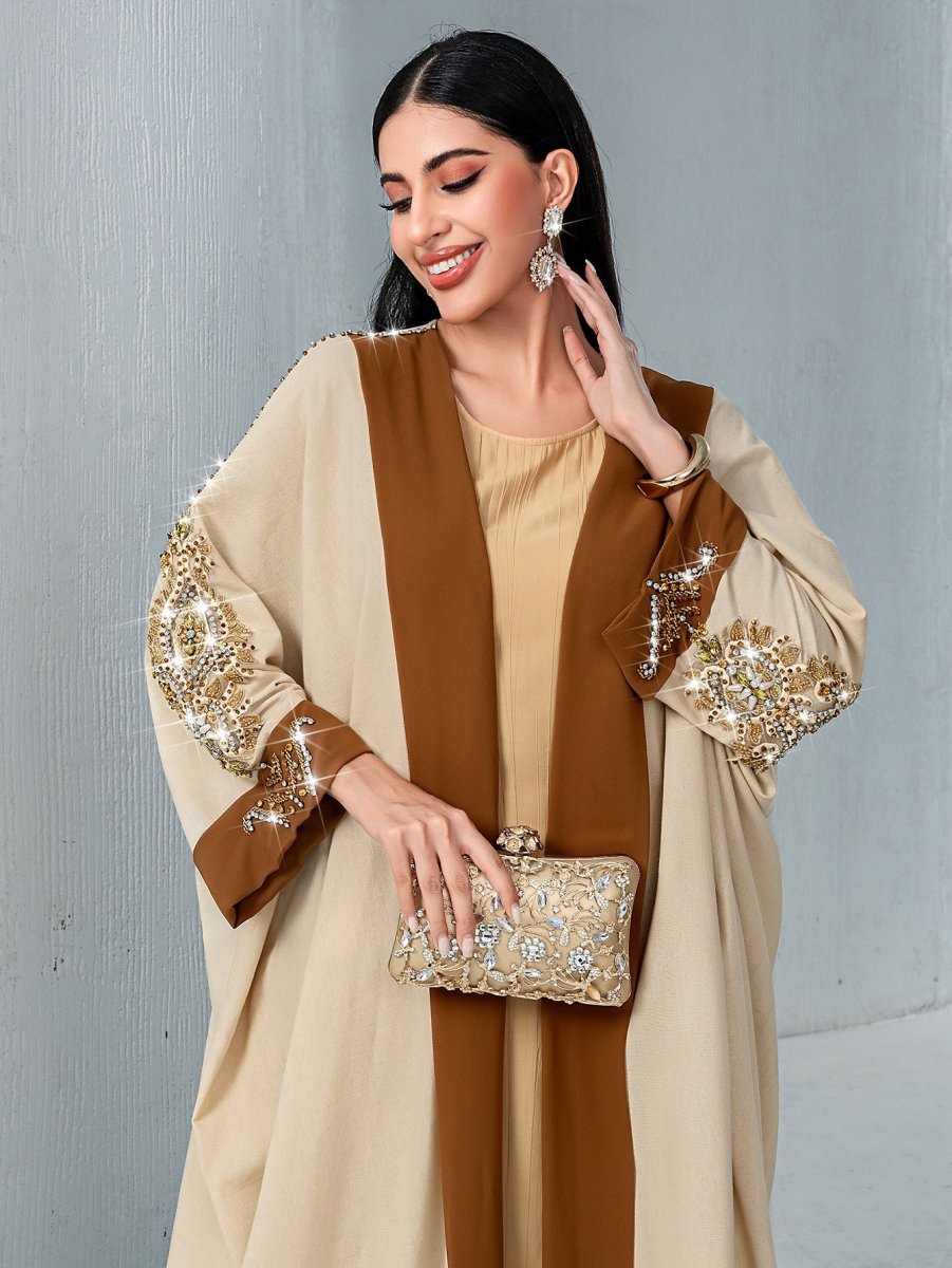 Veste Abaya de Luxe en Perles Rouille pour Mariage et Fêtes Musulmanes, Kaki avec Broderie Dorée Contrastante (MOA158)