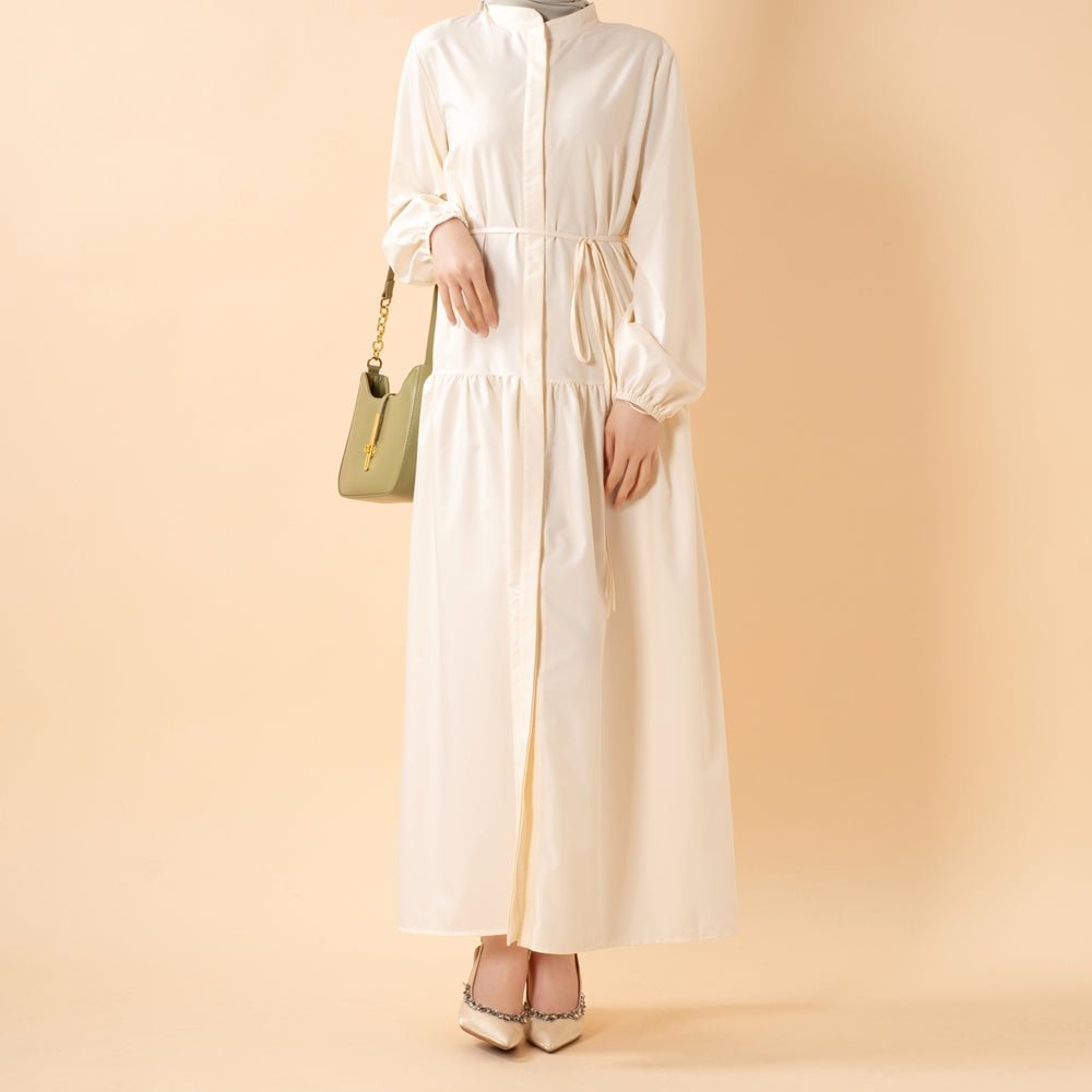 Robe Abaya Maxi Trench Cintrée en Ligne A avec Poches (MA422)