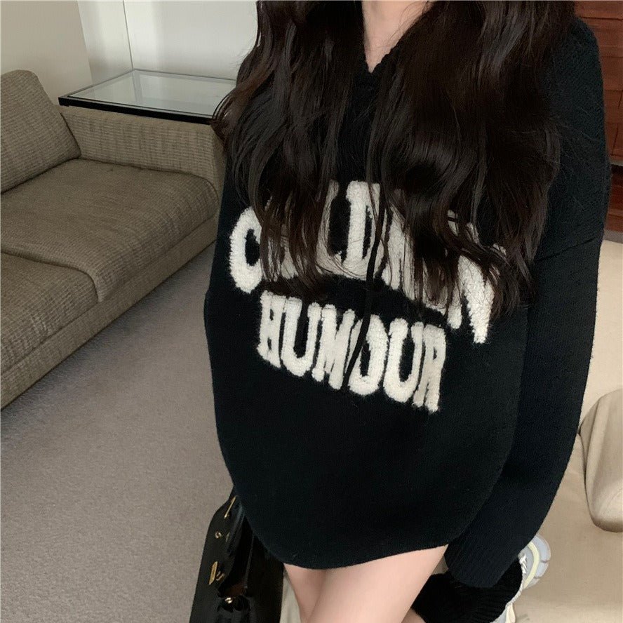 Pull en Maille Imprimé Lettres à Capuche (MS170)