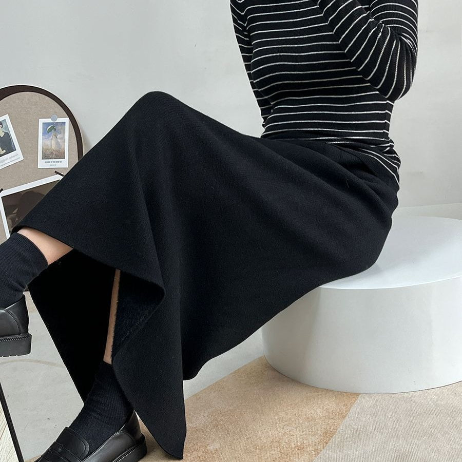 Jupe midi polaire hiver | Jupe en maille chaude taille haute avec fente latérale (MS207)