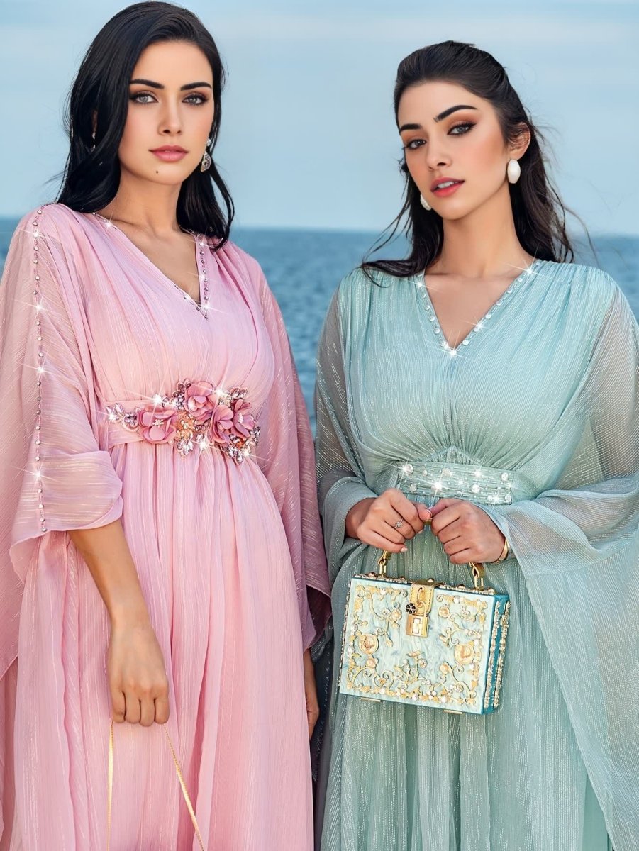 Élégante Abaya Robe pour Voyage et Soirée, Col en V, Perles Brodées à la Main, Finition Luxueuse (MA188)