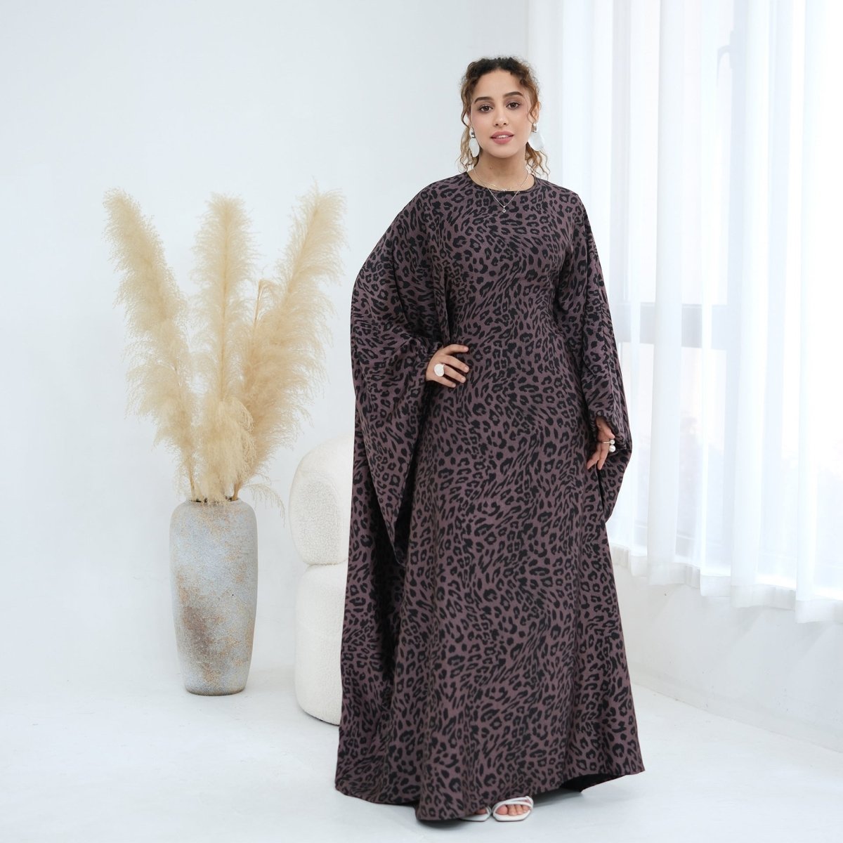 Robe Maxi Imprimé Léopard à Manches Chauve-Souris (MA450)