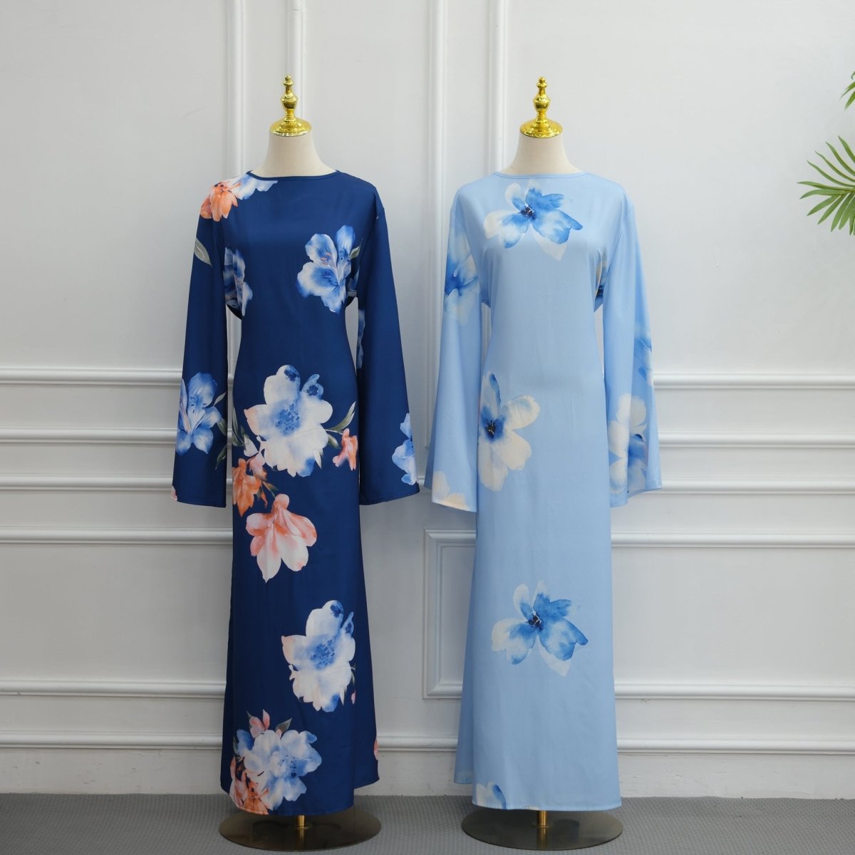 Robe Maxi à Manches Larges en Crinkle Délavé Floral Aquarelle (MS473)