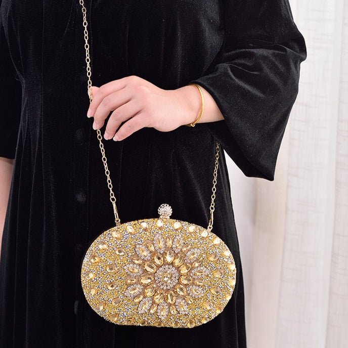 Pochette de soirée Crystal Sunflower | Sac de fête en strass avec bandoulière chaîne (MAC356)