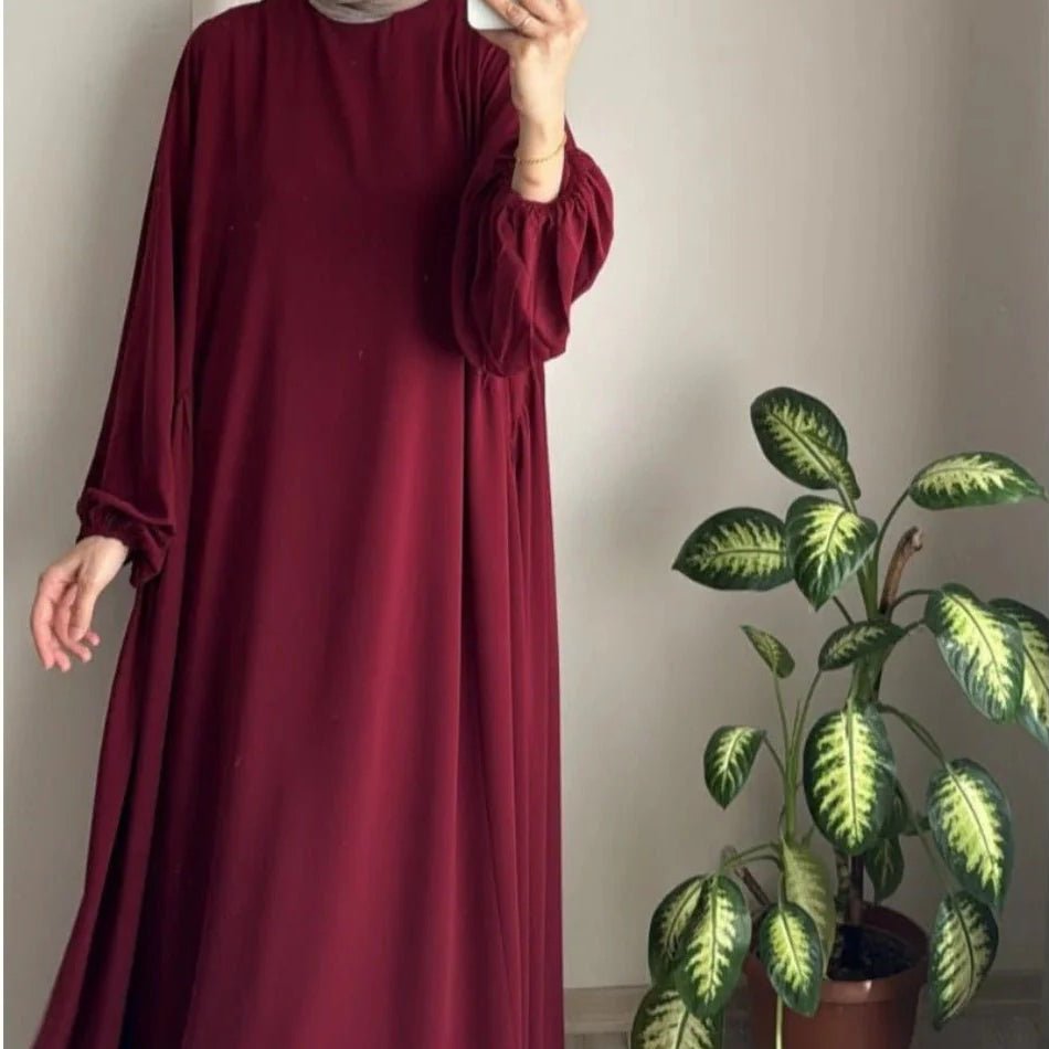 Abaya modeste coupe ample à manches lanternes | Abaya enfilable en crêpe glacé (MA153)
