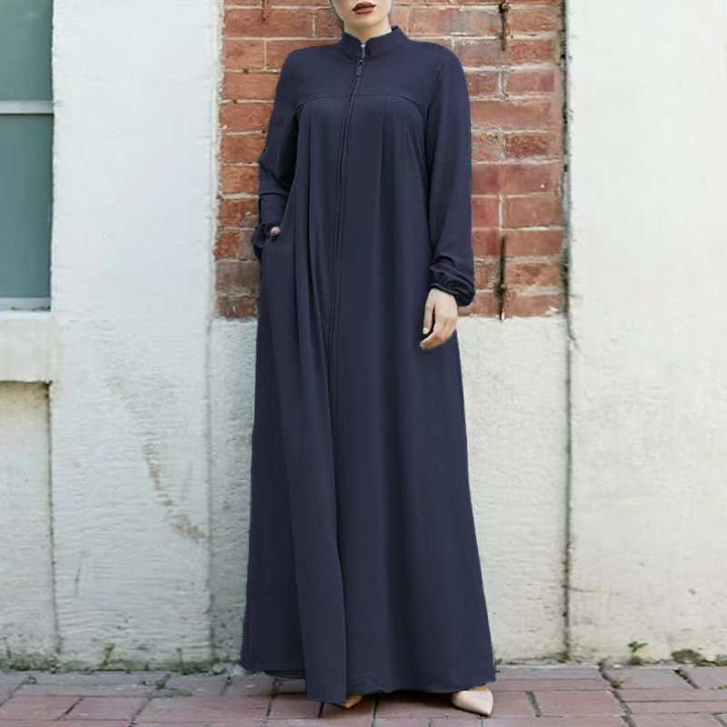 Cardigan long à col montant et fermeture éclair, avec poches | Abaya robe longue maxi modeste (MA155)