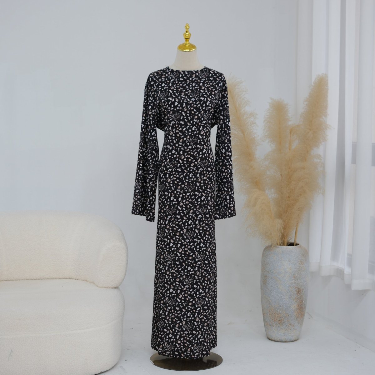 Robe Maxi à Manches Évasées et Motif Floral (MS490)