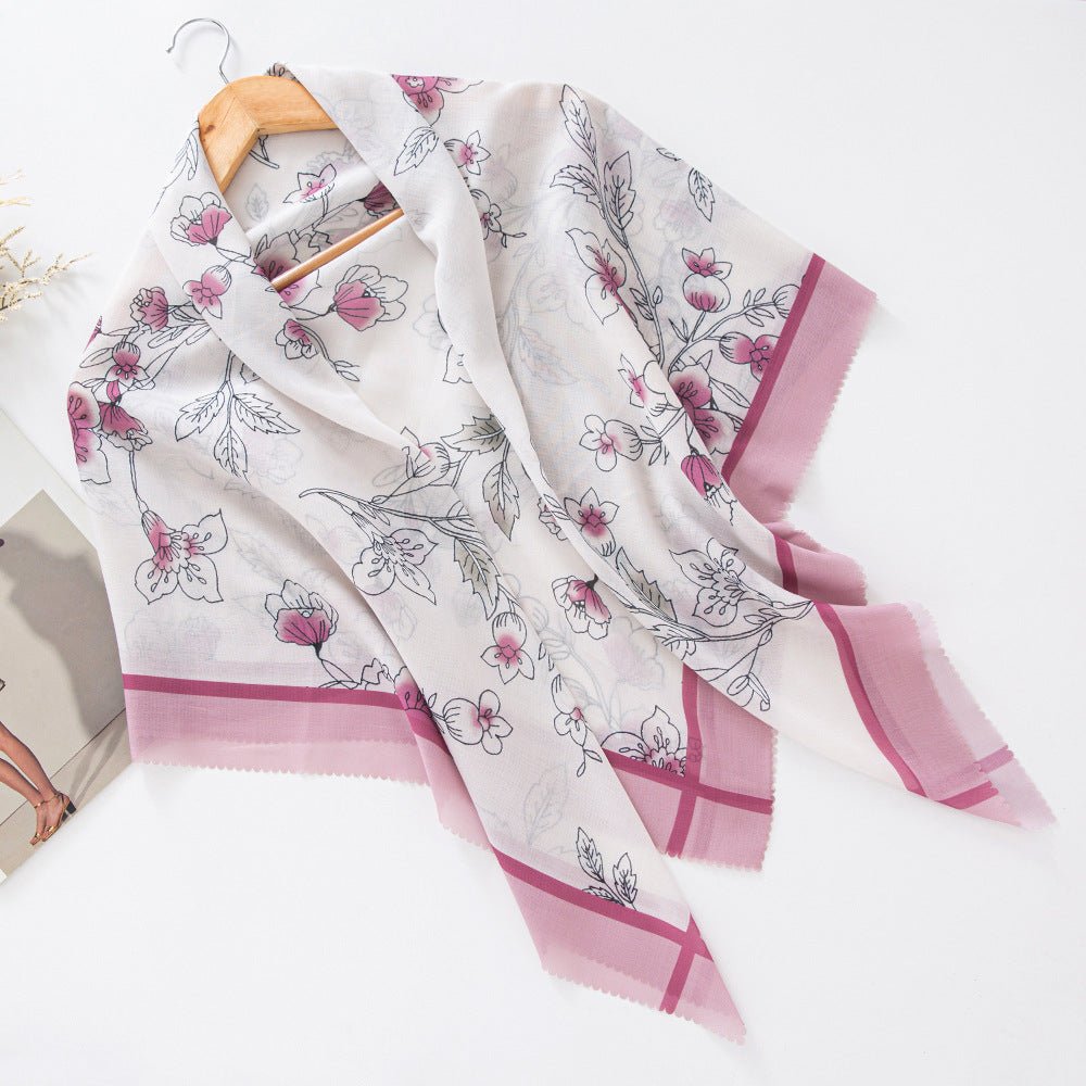 Hijab en voile MH072 à imprimé floral carré, à bordure ondulée