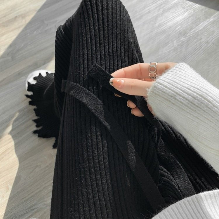 Pantalon large en maille côtelée effet effiloché | Pantalon évasé taille haute à cordon de serrage (MS164)