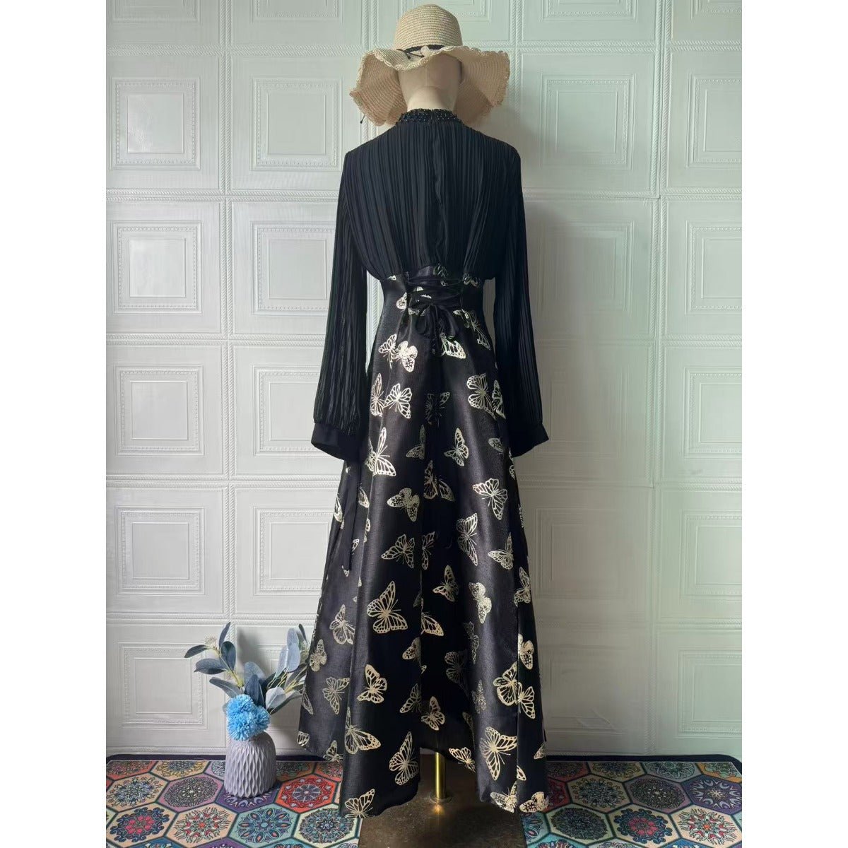 Robe Maxi Élégante à Manches Longues, Abaya à Motif Papillon / Robe Longue (MA219)