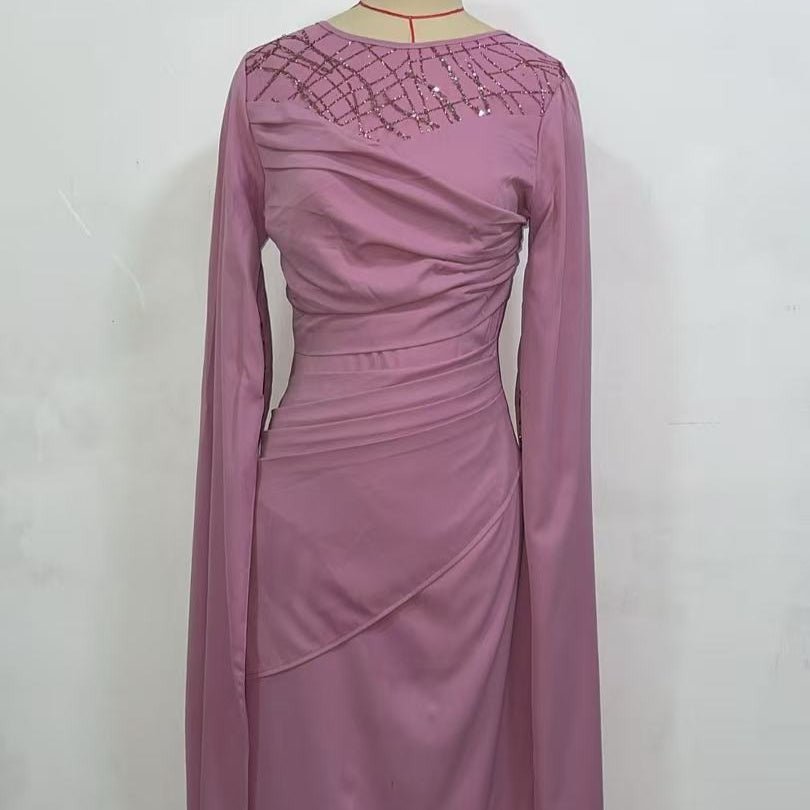 Robe Formelle Ornée de Sequins | Robe Moulante à Manches Longues et Effet Drapé (MS272)