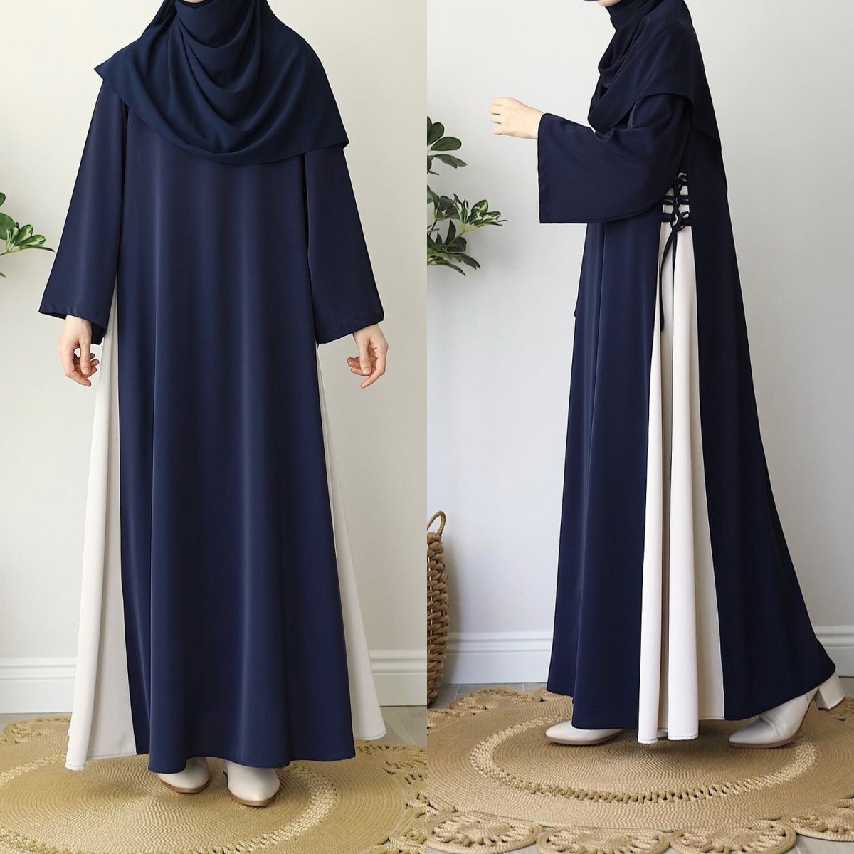 Abaya bicolore avec nœud sur le côté | Abaya maxi bicolore à col rond (MA362)