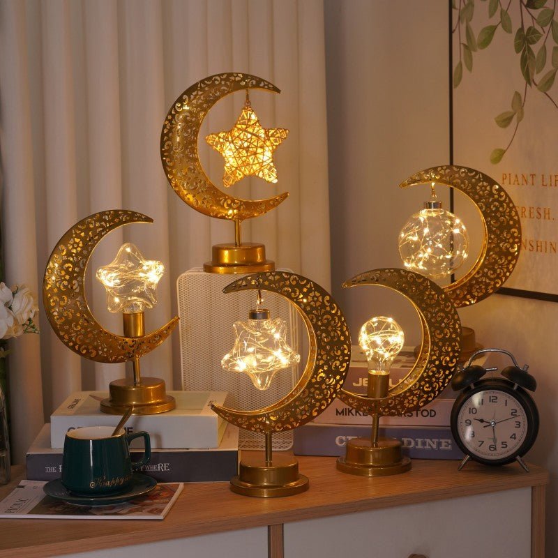 Lanterne Ramadan Étoile et Croissant en Fer, Bougeoir Décoratif de Fête (MAC399)