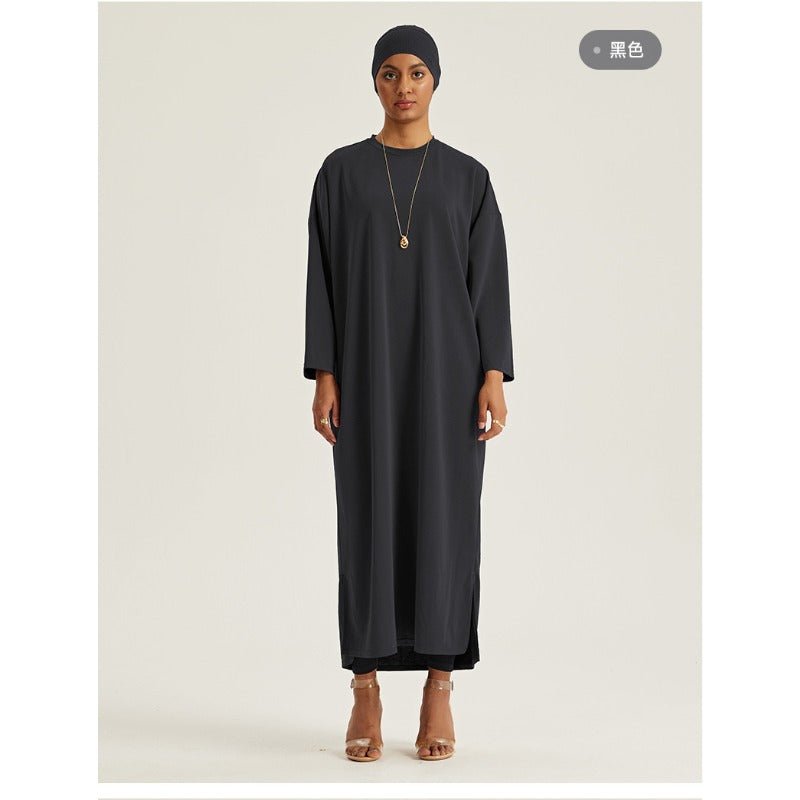 Robe Maxi à Épaules Tombantes et Col Rond - Abaya Modeste Unie avec Fentes Latérales (MA309)