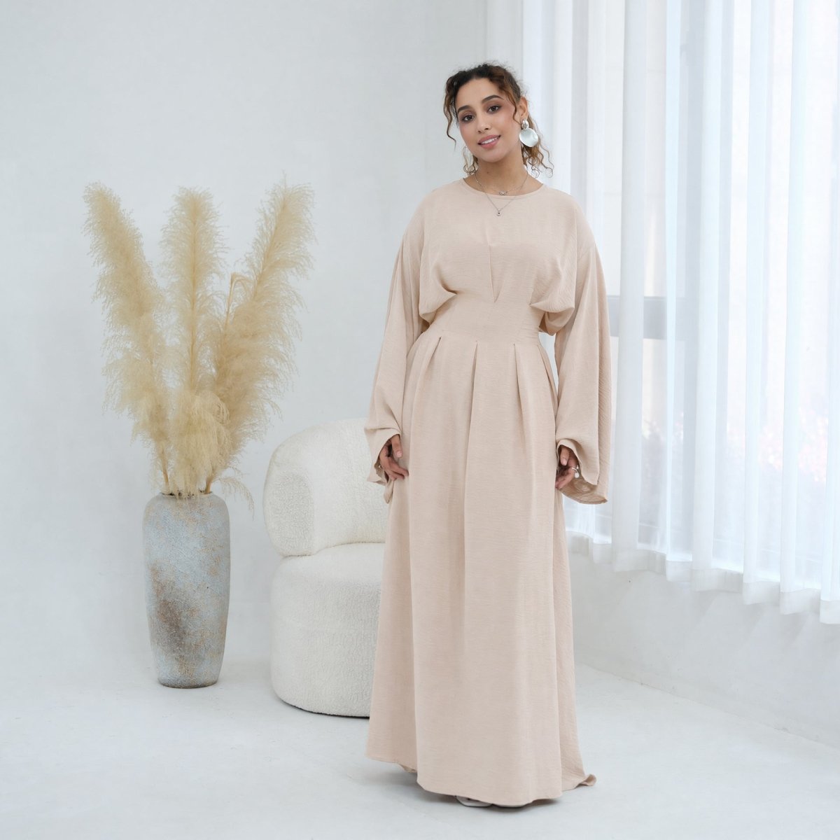 Robe Maxi Plissée à Manches Chauve-Souris (MS453)