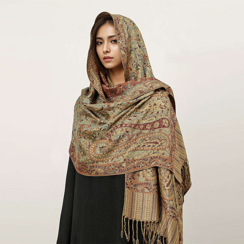Hijab Vintage Shawl à Motif Fleur de Cajou avec Pompons (MH101)