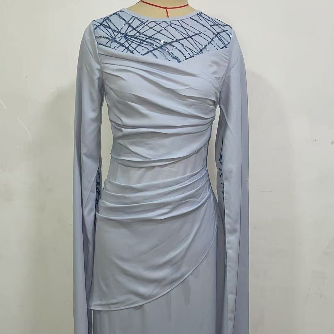 Robe Formelle Ornée de Sequins | Robe Moulante à Manches Longues et Effet Drapé (MS272)